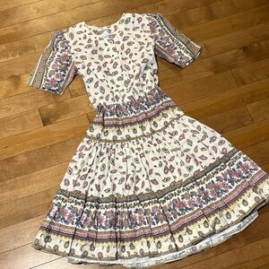Vintage Cream Dress with Pink Paisley and Muted Blue Accents and Full Skirt
